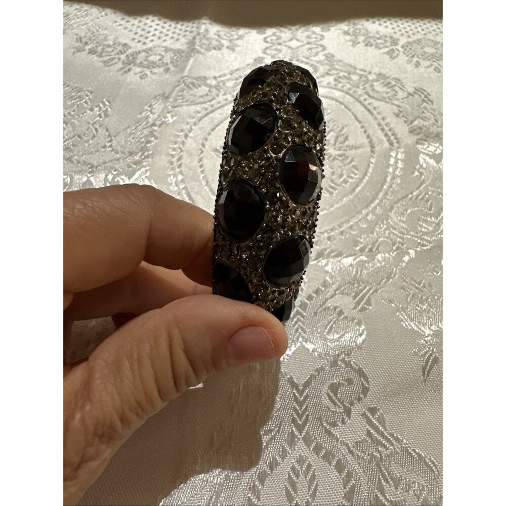 Silver Tone Black Clear Faceted Rhinestones Cuff Bracelet Handcrafted Artisan - Picture 13 of 15
